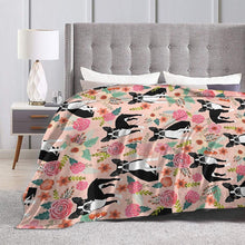 Load image into Gallery viewer, Image of a boston terrier fleece blanket in the most adorable floral Boston Terrier design