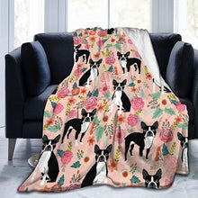 Load image into Gallery viewer, Image of a boston terrier blanket in the most adorable floral Boston Terrier design