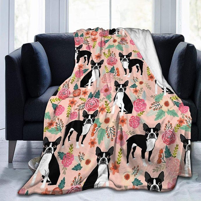 Image of a boston terrier blanket in the most adorable floral Boston Terrier design