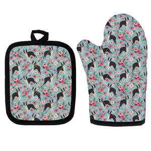 Image of boston terrier oven glove and pot holder set with flowers design in blue