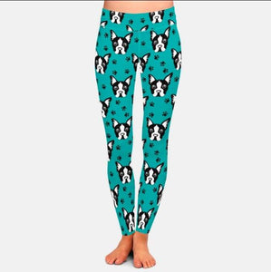 Front image of a lady wearing ankle length boston terrier leggings