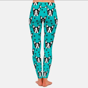 Back image of a lady wearing ankle length boston terrier leggings