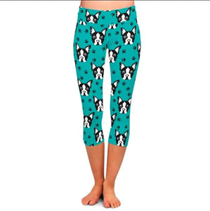 Front image of a lady wearing mid calf boston terrier leggings