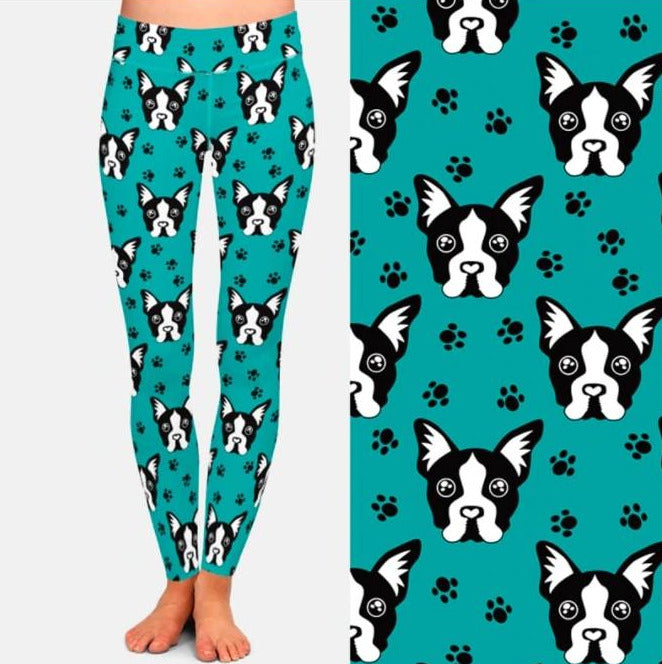 Image of a lady wearing ankle length boston terrier leggings