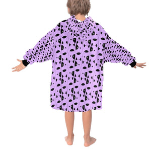image of a purple colored bull terrier blanket hoodie for kids - back view