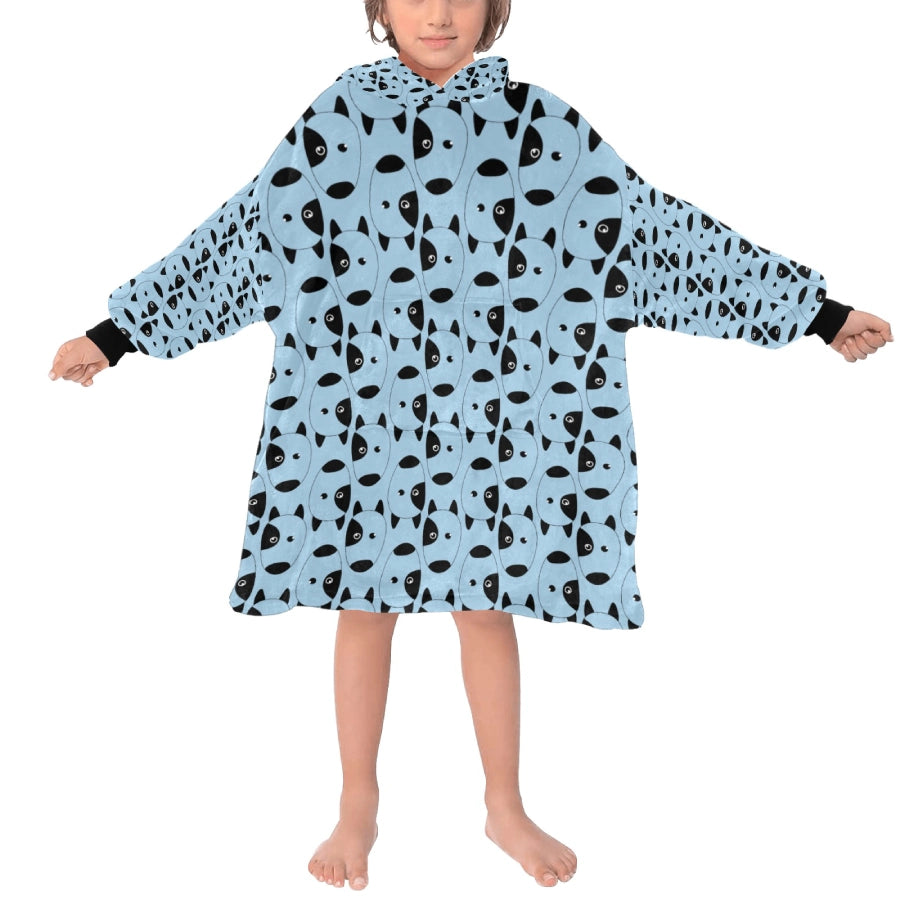 image of a kid wearing a bull terrier blanket hoodie - light blue
