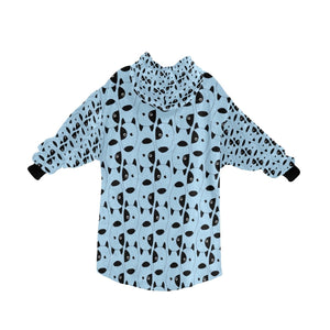 image of a light blue colored bull terrier blanket hoodie for kids - back view