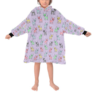image of a kid wearing a chihuahua blanket hoodie for kids - lavender