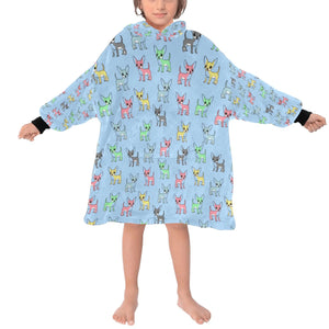 image of a kid wearing a chihuahua blanket hoodie for kids - light blue