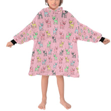 Load image into Gallery viewer, image of a kid wearing a chihuahua blanket hoodie for kids - light pink