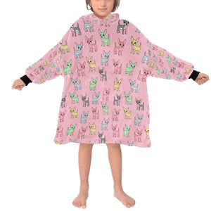 image of a kid wearing a chihuahua blanket hoodie for kids - light pink