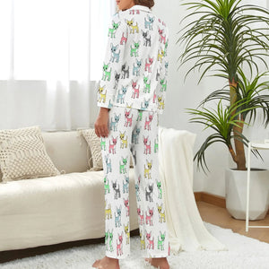 image of a woman wearing white pajamas set - chihuahua pajamas set for women - back view