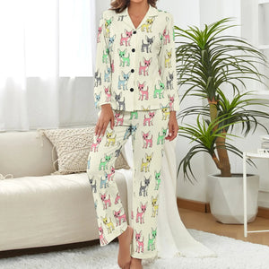 image of a woman wearing beige pajamas set - chihuahua pajamas set for women