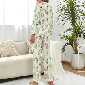 image of a woman wearing beige pajamas set - chihuahua pajamas set for women - back view