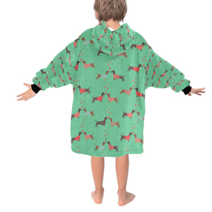 image of a green colored dachshund blanket hoodie for kids - back view