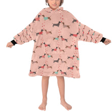 Load image into Gallery viewer, image of  kid wearing a dachshund blanket hoodie - peach
