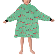 Load image into Gallery viewer, image of  kid wearing a dachshund blanket hoodie - green