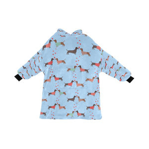 image of a light blue colored dachshund blanket hoodie for kids