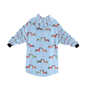 image of a light blue colored dachshund blanket hoodie for kids - back view