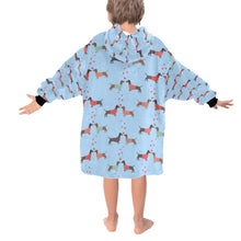 Load image into Gallery viewer, image of a light blue colored dachshund blanket hoodie for kids - back view