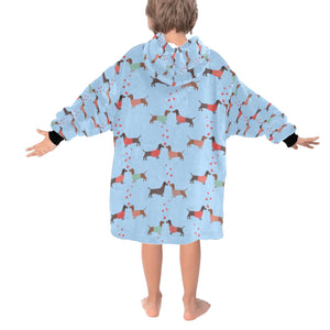 image of a light blue colored dachshund blanket hoodie for kids - back view