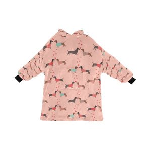 image of a peach colored dachshund blanket hoodie for kids