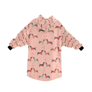 image of a peach colored dachshund blanket hoodie for kids - back view