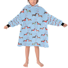 Load image into Gallery viewer, image of  kid wearing a dachshund blanket hoodie - light blue 