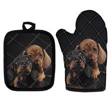 Load image into Gallery viewer, image of dachshund oven mitten gloves and pot holder set in black background