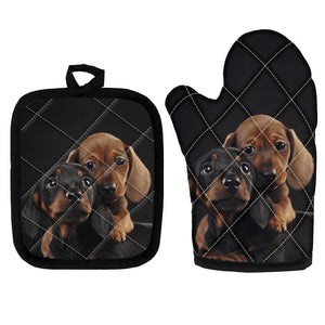 image of dachshund oven mitten gloves and pot holder set in black background