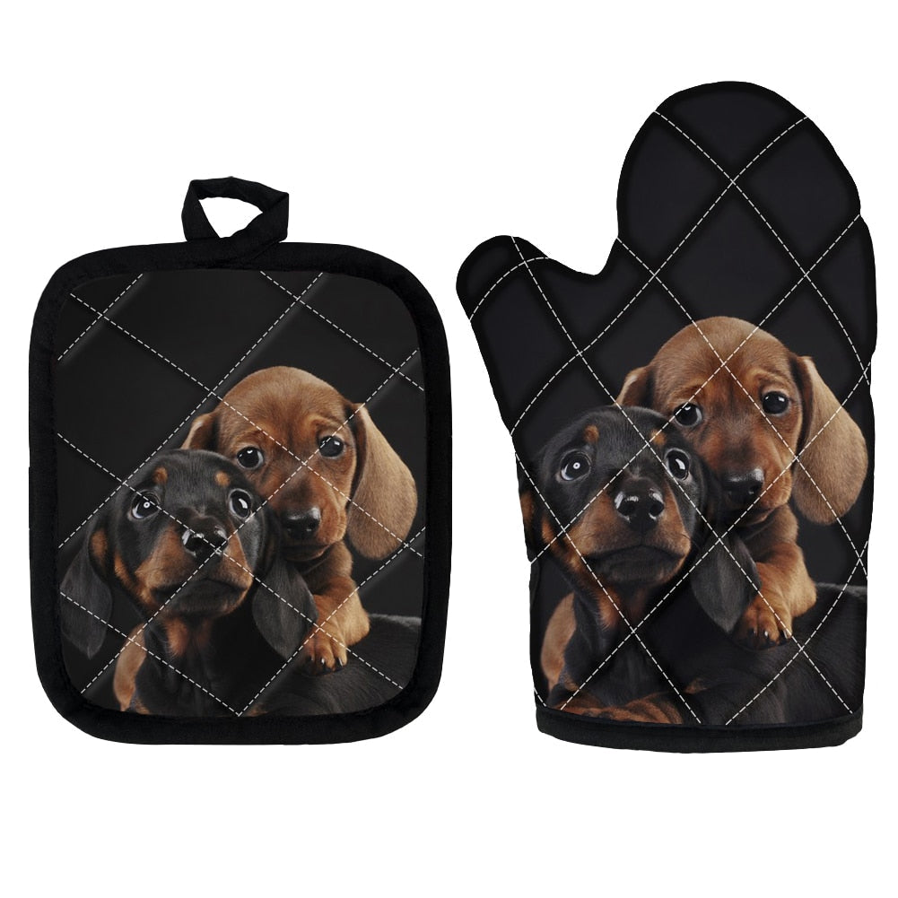 image of dachshund oven mitten gloves and pot holder set for cooking and baking
