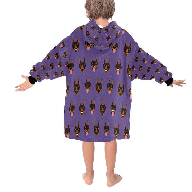 image of a purple colored doberman blanket hoodie for kids - back view