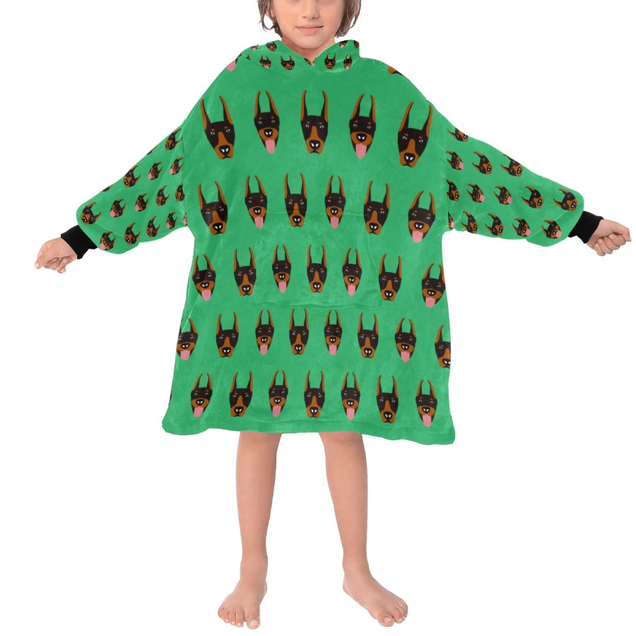 image of a kid wearing a doberman blanket hoodies - green