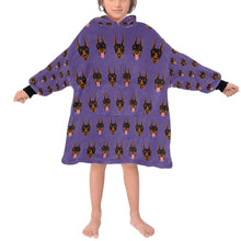 Load image into Gallery viewer, image of a kid wearing a doberman blanket hoodies - purple