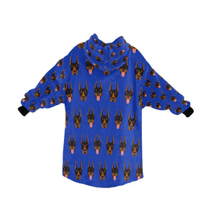 image of a dark blue colored doberman blanket hoodie for kids - back view
