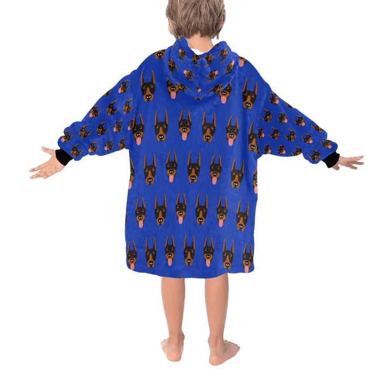 image of a dark blue colored doberman blanket hoodie for kids - back view