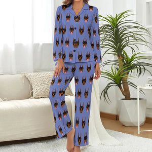 image of a woman wearing a violet pajamas set with doberman design  - doberman pajamas set for women