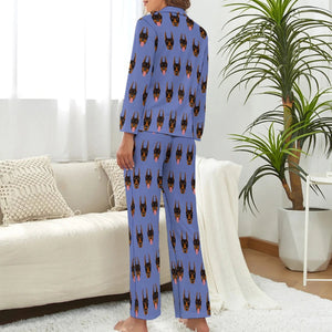 image of a woman wearing a violet pajamas set with doberman design  - doberman pajamas set for women - back view