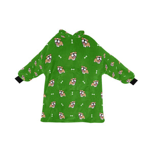 image of a green colored english bull dog blanket hoodie for kids