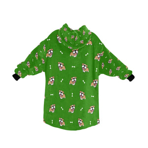 image of a green colored english bull dog blanket hoodie for kids - back view