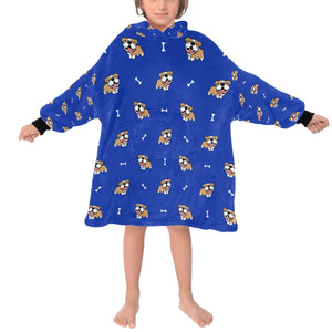 image of a kid wearing an english bulldog blanket hoodie for kids - blue