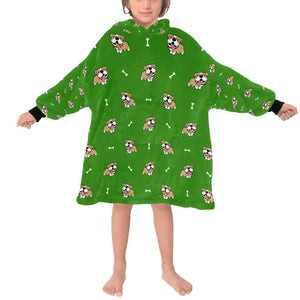 image of a kid wearing an english bulldog blanket hoodie for kids - green