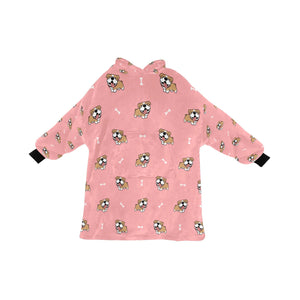 image of a light pink colored english bull dog blanket hoodie for kids