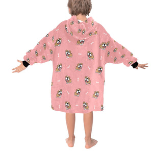 image of a light pink colored english bull dog blanket hoodie for kids - back view