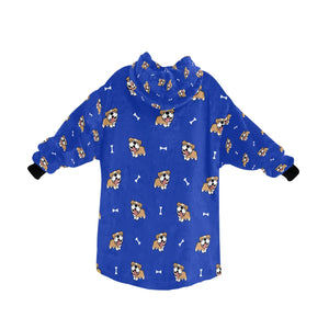 image of a blue colored english bull dog blanket hoodie for kids - back view