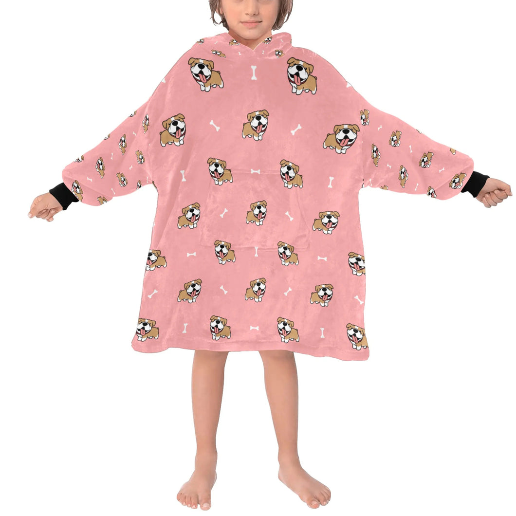image of a kid wearing an english bulldog blanket hoodie for kids - light pink