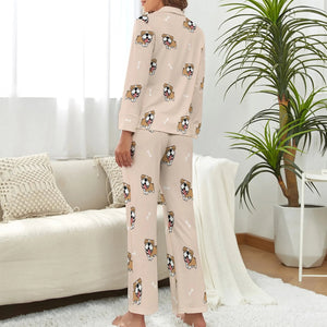 image of a woman wearing a beige pajamas set for women - english bulldog pajamas set for women - back view