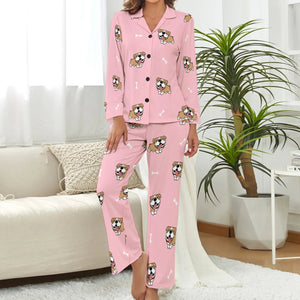 image of a woman wearing a pink pajamas set for women - english bulldog pajamas set for women