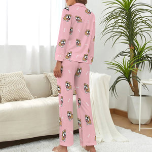 image of a woman wearing a pink pajamas set for women - english bulldog pajamas set for women - back view