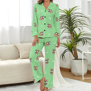 image of a woman wearing a green pajamas set for women - english bulldog pajamas set for women